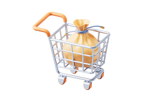 Shopping cart and present bag, 3d rendering. 3D illustration.