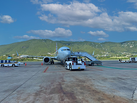 American Airlines Airplane operation and boarding in Cyril E. King Airport in US Virgin Islands on April 13th 2024.