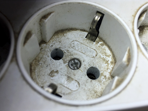 Close-up of old and dirty electrical outlet, electric plug