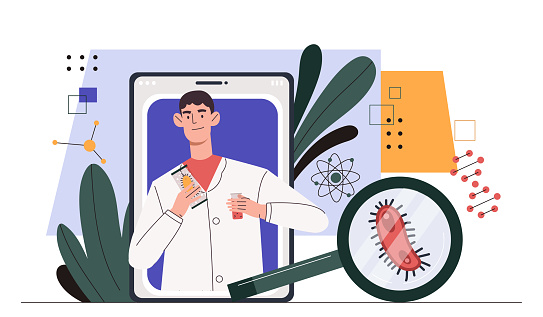 Microbiome therapeutics concept. Man with magnifying glass evaluate bacteriums. Health care and treatment, diagnosis. Bacteriological researching in laboratory. Cartoon flat vector illustration