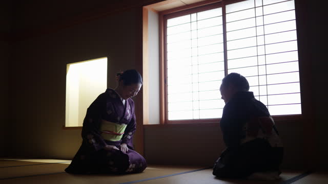 Female tourist in purple kimono learning manners of greetings from a senior instructor in dark Japanese tatami room - part 3 of 4