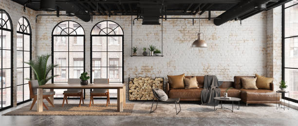 istock Industrial loft living and dining room interior with sofa and brick wall.Panorama view.3d rendering 2149122990