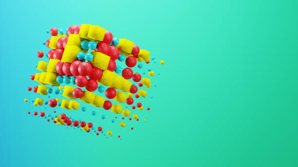 istock Colorful balls float in electric blue sky on plastic art backdrop 2149123246
