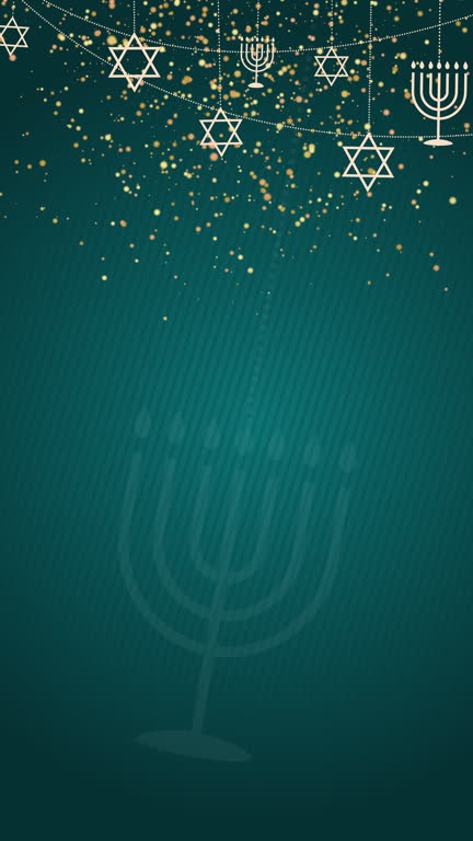 Jewish religious symbols menorah and star of david. Symbols of Judaism on green abstract background. Looped vertical video.