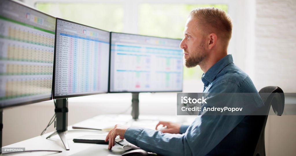 Computer Data Man Data Analyst Man Using Spreadsheet Stock Photo - Download Image Now ...