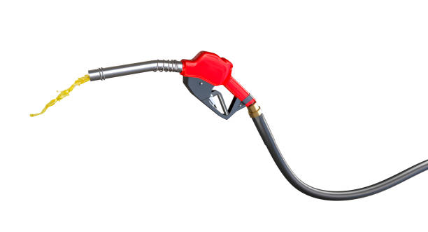 istock Fuel nozzle with spilling gasoline on white background 2149125413