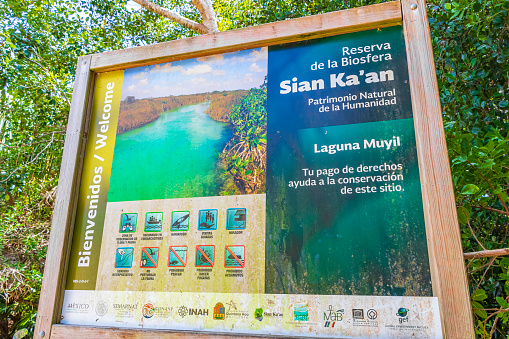 Muyil Mexico 02. February 2022 Information entrance walking trails and welcome sing board to the Sian Ka'an National Park in Muyil Chunyaxche Quintana Roo Mexico.