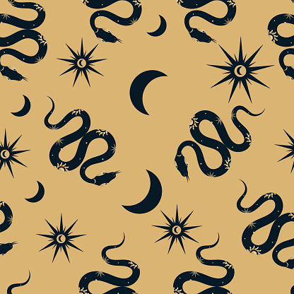 Vector magical seamless pattern with snake with sun, moon and stars signs. Mystical esoteric background for design of fabric, textiles, packaging, astrology, wrapping paper.