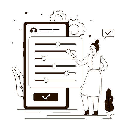 Woman user sets up personal account. Various settings on mobile phone screen. Cute women customize profile settings smartphone. Customization and improvement concept. Linear flat vector illustration