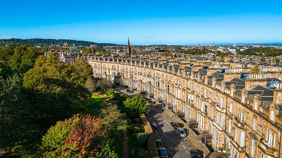 Aerial view of Edinburgh old town, Aerial view of Old Town and terraced houses in Edinburgh, Gothic Revival architecture in Scotland, Row houses in Edinburgh