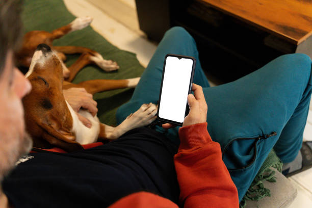 istock Adult man holding, while hugging his dog - browsing internet 2149127171