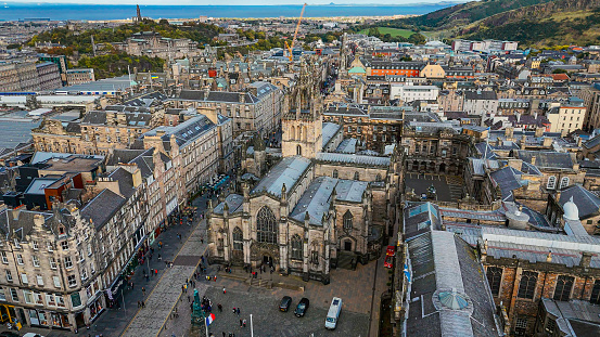 Aerial view of St. Giles Cathedral and Edinburgh old town, Aerial view of Old cathedral in Edinburgh, Saint Giles Cathedral in Edinburgh city centre, Gothic Revival architecture in Scotland\n\nSt Giles' Cathedral or the High Kirk of Edinburgh, is a parish church of the Church of Scotland in the Old Town of Edinburgh.