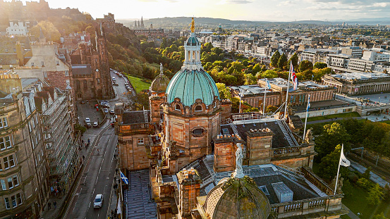 Aerial view of Edinburgh old town, Aerial view of Old cathedral in Edinburgh, Edinburgh city centre, Gothic Revival architecture in Scotland, Flag of Scotland in Edinburgh, Aerial view of Bank of Scotland