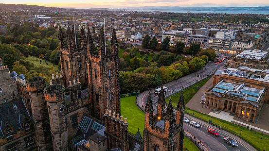 Aerial view of Edinburgh University and Edinburgh old town, Old university in Edinburgh and Edinburgh Castle aerial view, Edinburgh city centre, Gothic Revival architecture in Scotland

The University of Edinburgh is a public research university based in Edinburgh.
