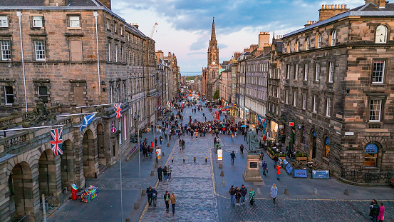 Aerial view of Edinburgh old town with Hunter Square, aerial view of Old Town and Hunter Square in Edinburgh, clock tower in Edinburgh city centre, Gothic Revival architecture in Scotland