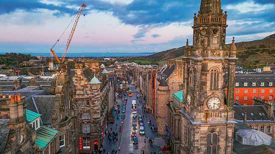 Aerial view of Edinburgh old town with Hunter Square, aerial view of Old Town and Hunter Square in Edinburgh, clock tower in Edinburgh city centre, Gothic Revival architecture in Scotland