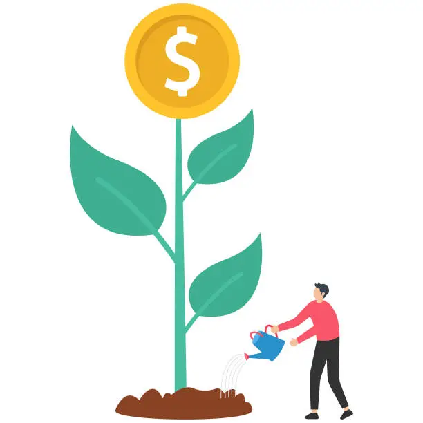 Vector illustration of Financial or investment growth, increase earning profit and capital gain, success in wealth management concept, smart businessman investor finish watering growing money plant seedling with coin flower