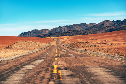 Vibrant image capturing an open road stretching through the Atacama Desert in Chile under a clear blue sky, evoking a sense of adventure and exploration.