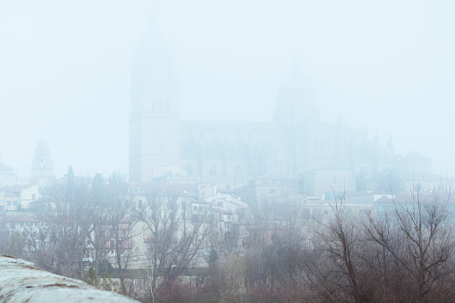 Salamanca Cathedral hidden by the fog on a cold winter day (Spain).