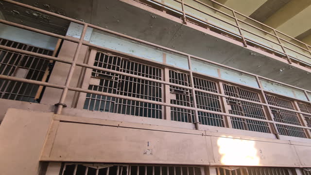 Alcatraz Prison Cells amd Balcony in B Block, California USA, Panorama