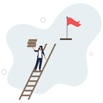 businesswoman build ladder of success to climb up. growth step to progress overcome challenge.flat vector illustration.