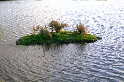 A close-up of a very small island on a small lake. Batz-sur-mer, France - April 16, 2024.