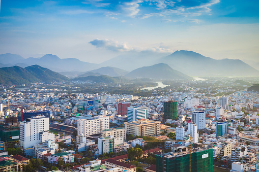 Nha Trang city skyline aerial panoramic view at sunset in south Vietnam