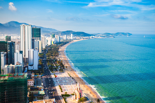 Nha Trang city skyline aerial panoramic view at sunset in south Vietnam