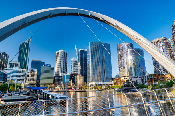 istock Buildings and Bridge in Elizabeth Quay at sunset, Perth. 2149134046