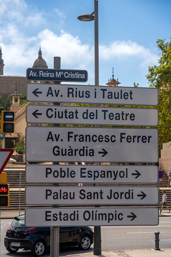 Direction signage near Avenida de la Reina María Cristina in the city of Barcelona. Catalonia. Spain. August 15, 2023.