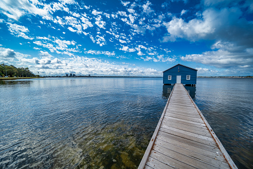 Blue Boat House in Perth along Swan River.