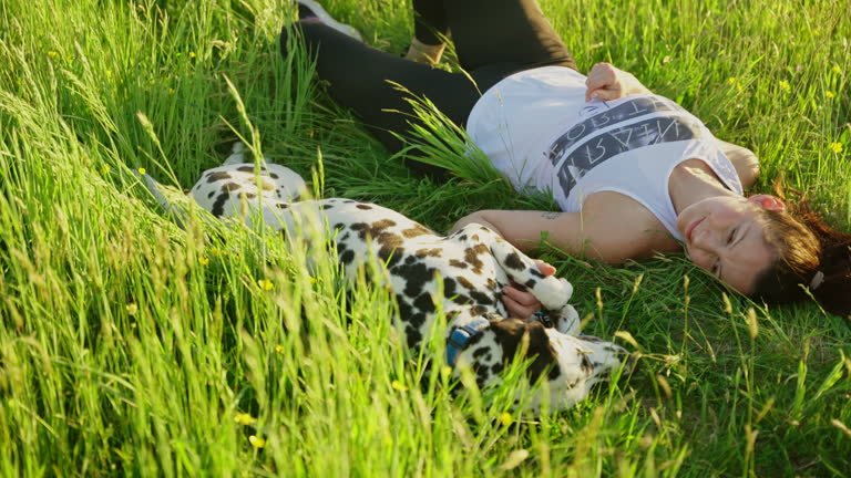 SLO MO Happy Young Woman Spending Leisure Time with Cute Dalmatian Dog Lying on Grassy Meadow on Sunny Day