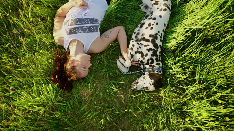 SLO MO Top Down Shot of Happy Young Woman Spending Leisure Time with Cute Dalmatian Dog Lying on Grassy Meadow on Sunny Day
