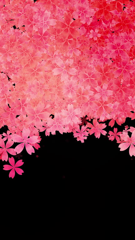 Falling red flowers on a black background. Place for text. Looped animation. Vertical video.