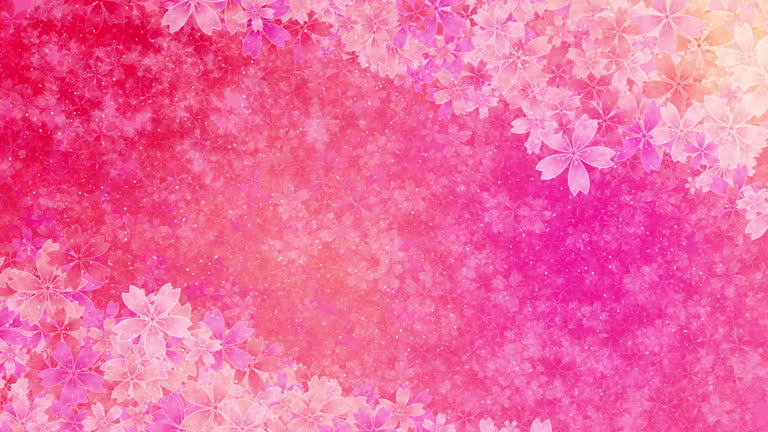 Diagonal floral frame of animated plants. Pink cherry blossom. Copy space. Looped motion graphics.