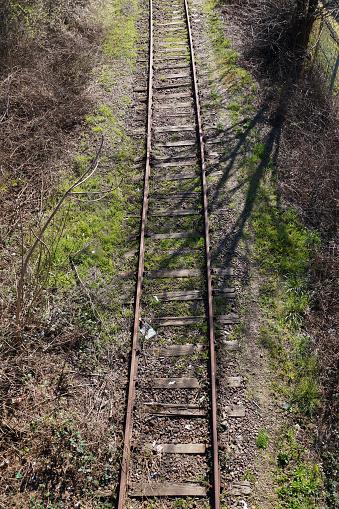 old rusty abandoned railway, top view.