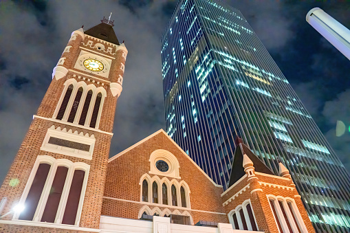 Downtown Perth church and buildings at night, Australia