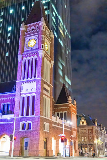 Perth, Australia - September 1, 2023: Downtown Perth church and buildings at night.