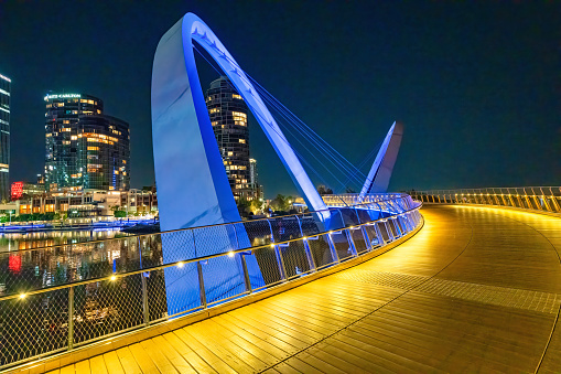 Perth, Australia - September 11, 2023: Elizabeth Quay Bridge at night.