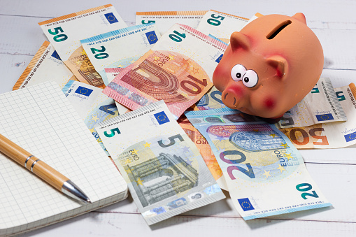 Euro banknotes, passbook and piggy bank. Concept of family economy, savings, bills.