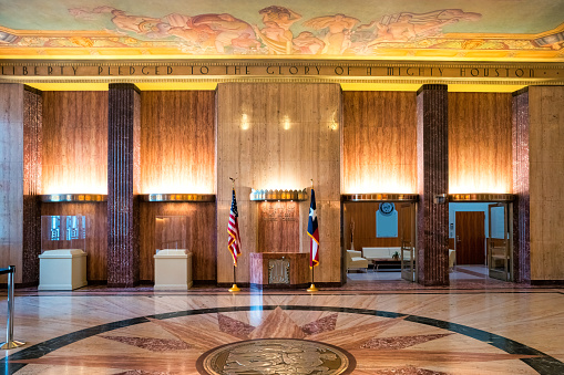 The lobby of  the Houston City Hall building in Houston, Texas, USA. Built in Art Deco style, finished in 1939.