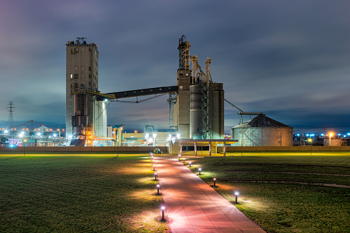 Grain elevators and grain plant in St Louis, Missouri, USA at night.