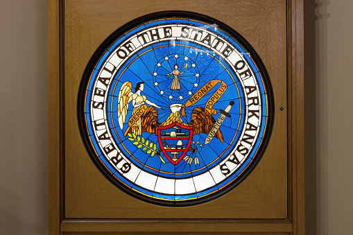 Seal of the State of Arkansas inside the Arkansas State Capitol building in Little Rock, Arkansas, USA.