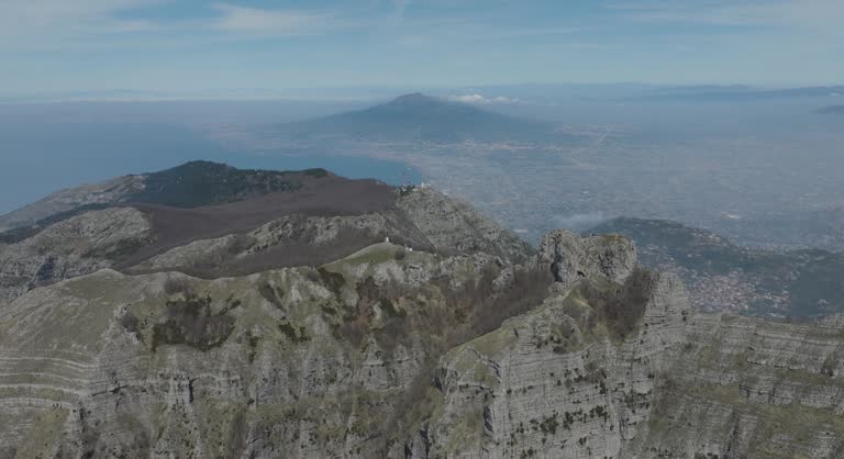 Aerial view of Lattari Mountains with Mount Vesuvius, Campania, Italy.