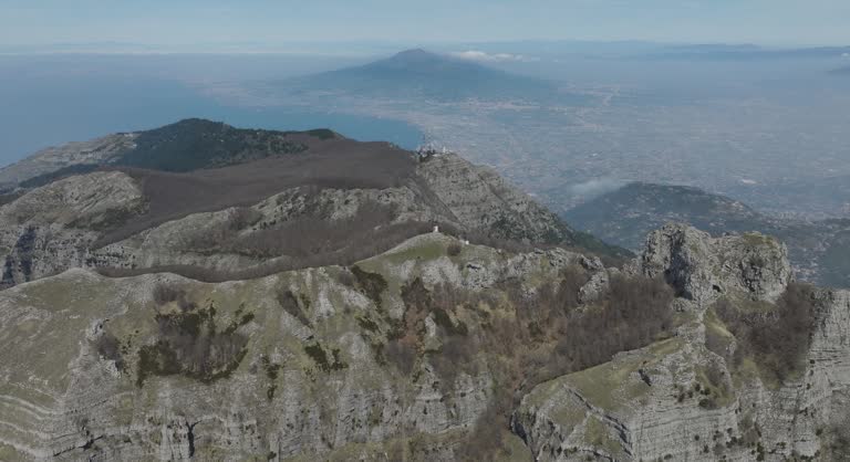 Aerial view of Lattari Mountains with Mount Vesuvius, Campania, Italy.