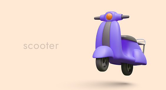 Realistic poster with scooter in purple colors on orange background. Model of transport for food or products delivery. Vector illustration in 3d style