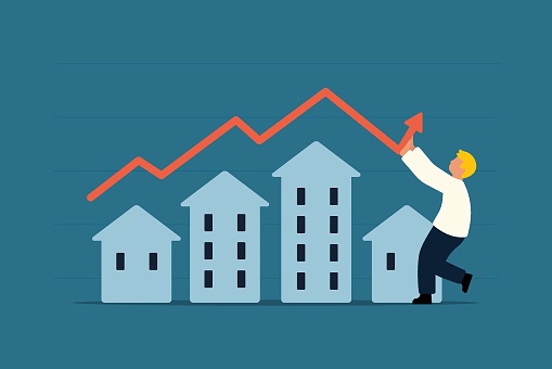 Real Estate Market Slump. Investment Analysis Amid Recession. Businessmen and Agents Shielding Against Price Collapse. Vector Business Illustration