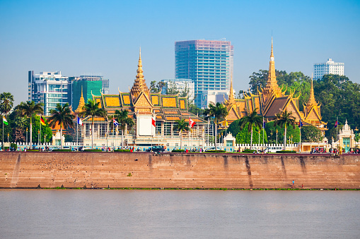 Phnom Penh city skyline and Tonle Sap River. Phnom Penh is the capital and largest city in Cambodia.