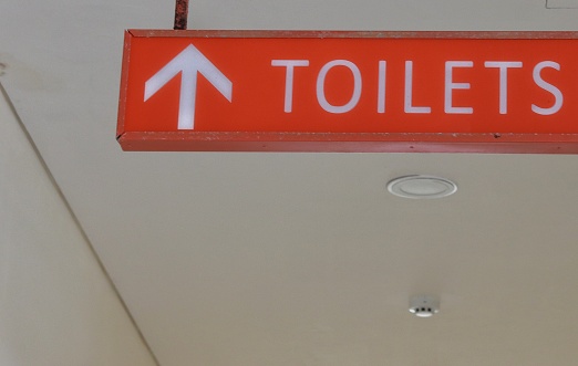 The board displays a toilet on an orange background