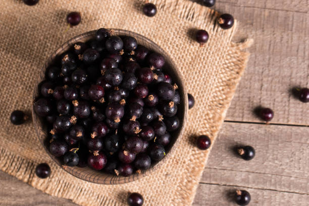istock Black currant in a bowl on wooden background. Organic berries. 2149140504